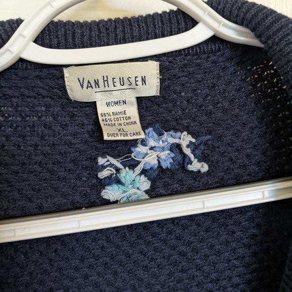 VINTAGE 90s | Navy | FLORAL | Button Up | EMBROIDERED CARDIGAN | XL| Van Heusen - Picture 3 of 9